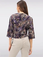 Tropical Leaf Print Stretch Round Neck 3/4 Sleeve Top with Front Tie Hem by GWV