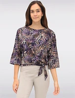 Tropical Leaf Print Stretch Round Neck 3/4 Sleeve Top with Front Tie Hem by GWV