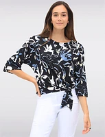 Black/White Tie-Front Stretchy Printed Round Neck 3/4 Dolman Sleeve Top by GWV