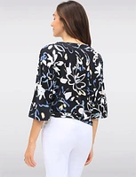 Black/White Tie-Front Stretchy Printed Round Neck 3/4 Dolman Sleeve Top by GWV