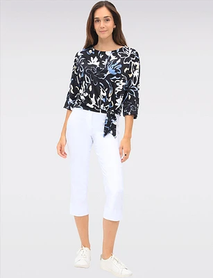 Black/White Tie-Front Stretchy Printed Round Neck 3/4 Dolman Sleeve Top by GWV