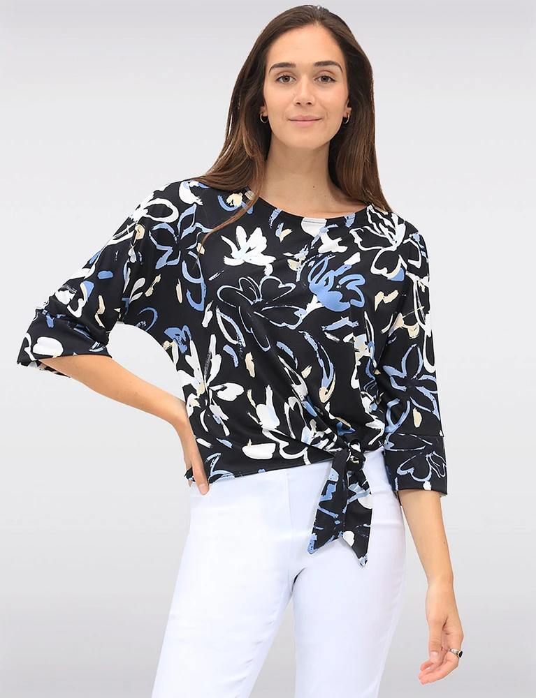 Black/White Tie-Front Stretchy Printed Round Neck 3/4 Dolman Sleeve Top by GWV