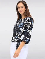 Black/White Tie-Front Stretchy Printed Round Neck 3/4 Dolman Sleeve Top by GWV