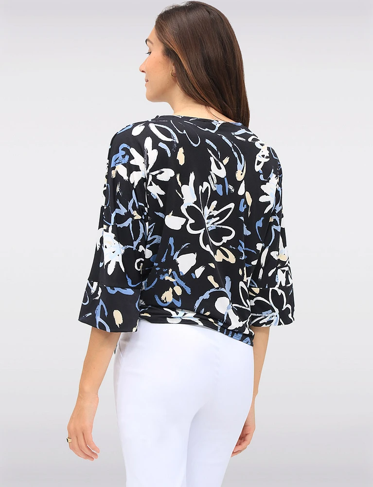 Black/White Tie-Front Stretchy Printed Round Neck 3/4 Dolman Sleeve Top by GWV