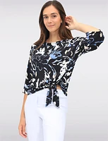Black/White Tie-Front Stretchy Printed Round Neck 3/4 Dolman Sleeve Top by GWV
