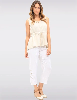 Flowy Sleeveless Linen Blend High-Low Top with Adjustable Drawstring by Goa
