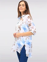Sleek Floral Print Button-Down Blouse with 3/4 Sleeves & Side Slits by Goa