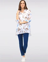 Sleek Floral Print Button-Down Blouse with 3/4 Sleeves & Side Slits by Goa