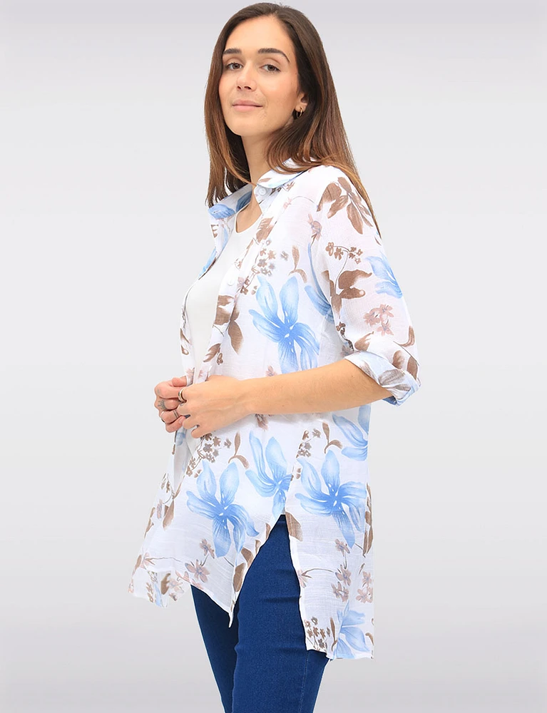 Sleek Floral Print Button-Down Blouse with 3/4 Sleeves & Side Slits by Goa