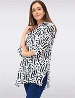 Black & White Button-Down Printed 3/4 Sleeve Blouse with Side Slits by Goa