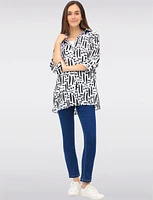 Black & White Button-Down Printed 3/4 Sleeve Blouse with Side Slits by Goa