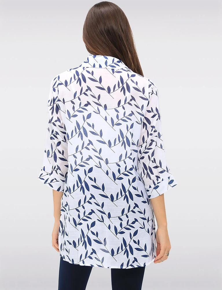 Button-Down Printed Blouse with Shirt Collar 3/4 Sleeve & Side Slits by Goa