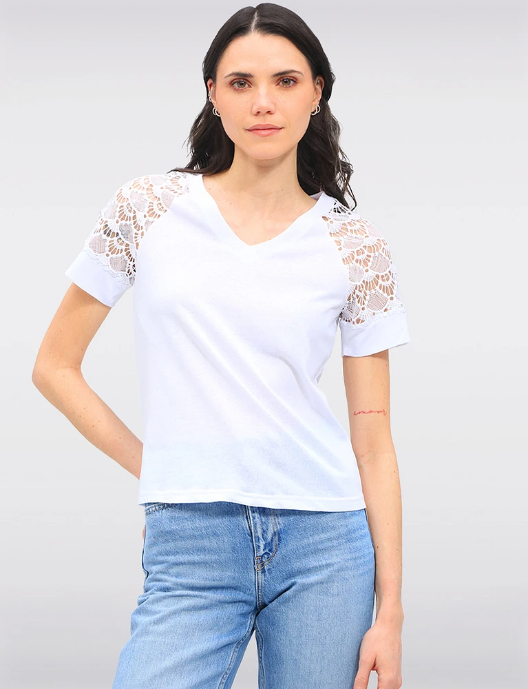 Elegant Cotton Blend Lace Short Sleeve V-Neck T-Shirt by Gabby Isabella