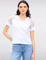 Elegant Cotton Blend Lace Short Sleeve V-Neck T-Shirt by Gabby Isabella