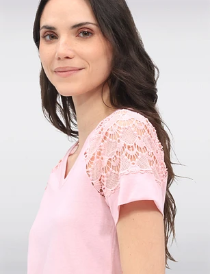 Elegant Cotton Blend Lace Short Sleeve V-Neck T-Shirt by Gabby Isabella