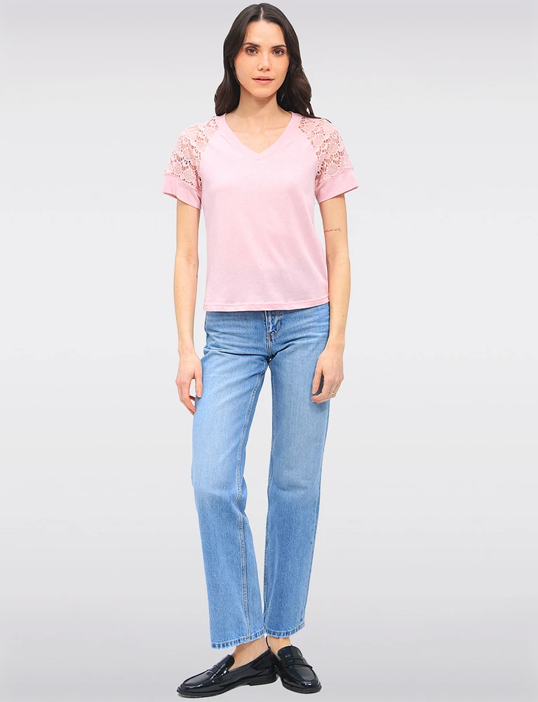 Elegant Cotton Blend Lace Short Sleeve V-Neck T-Shirt by Gabby Isabella