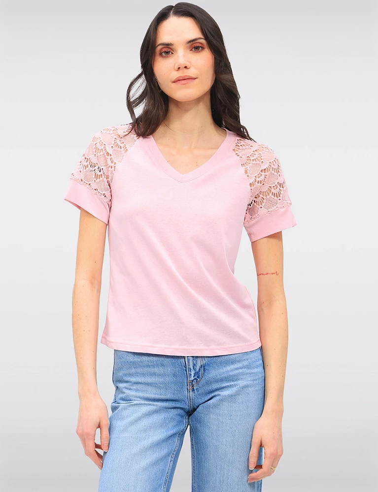 Elegant Cotton Blend Lace Short Sleeve V-Neck T-Shirt by Gabby Isabella