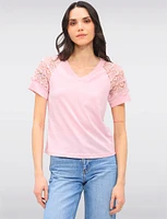 Elegant Cotton Blend Lace Short Sleeve V-Neck T-Shirt by Gabby Isabella