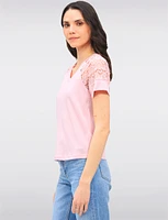 Elegant Cotton Blend Lace Short Sleeve V-Neck T-Shirt by Gabby Isabella