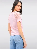 Elegant Cotton Blend Lace Short Sleeve V-Neck T-Shirt by Gabby Isabella