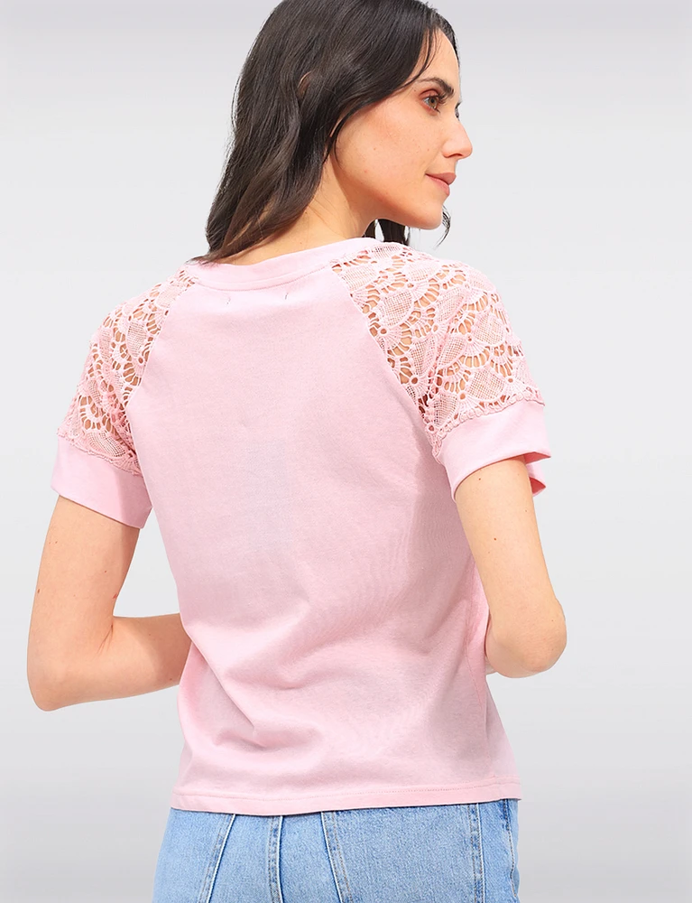 Elegant Cotton Blend Lace Short Sleeve V-Neck T-Shirt by Gabby Isabella