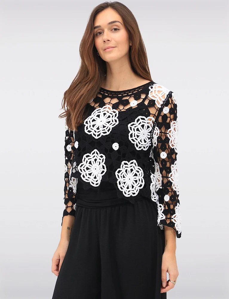 Delicate Black & White Floral Crochet Top With Long Sleeves by Gabby Isabella