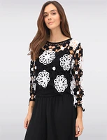 Delicate Black & White Floral Crochet Top With Long Sleeves by Gabby Isabella