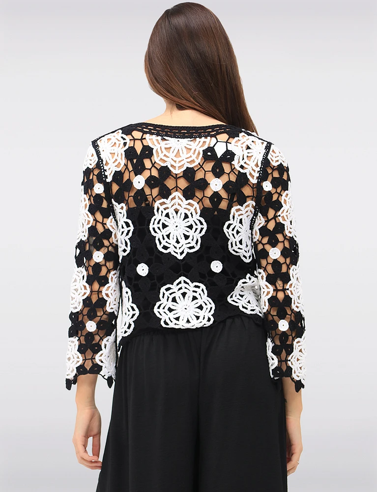 Delicate Black & White Floral Crochet Top With Long Sleeves by Gabby Isabella