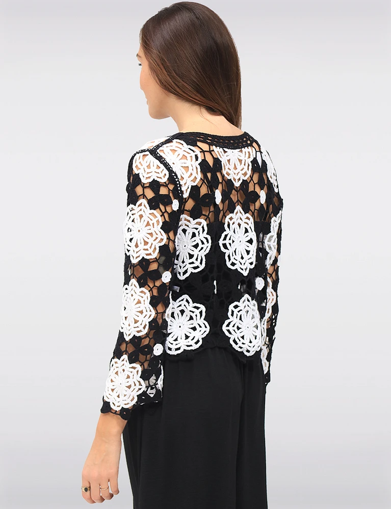 Delicate Black & White Floral Crochet Top With Long Sleeves by Gabby Isabella