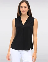 Solid Flowy V-Neck Sleeveless Top with Pleat Detail at the Front by Ninety