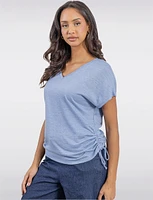 Softly Textured V-Neck Ruched Top with Adjustable Side Ties by Ninety