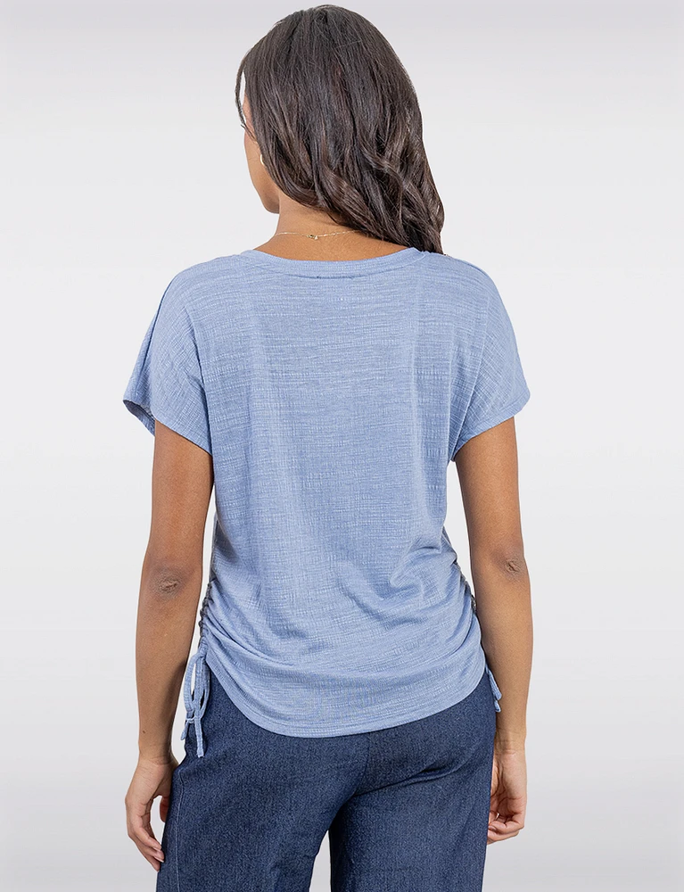 Softly Textured V-Neck Ruched Top with Adjustable Side Ties by Ninety