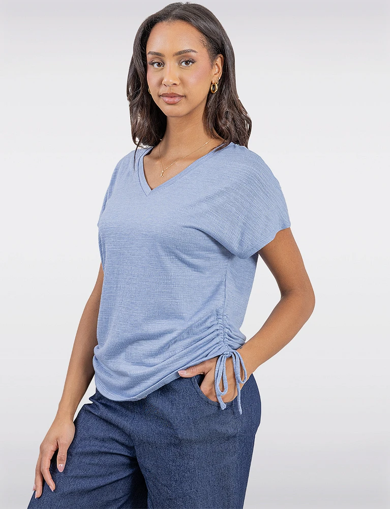 Softly Textured V-Neck Ruched Top with Adjustable Side Ties by Ninety
