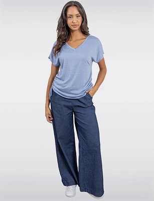 Softly Textured V-Neck Ruched Top with Adjustable Side Ties by Ninety