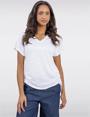 Softly Textured V-Neck Ruched Top with Adjustable Side Ties by Ninety