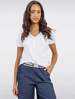 Chic Heathered V-Neck with Twist Front Detail & Short Sleeves by Ninety