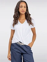 Chic Heathered V-Neck with Twist Front Detail & Short Sleeves by Ninety