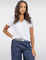Chic Heathered V-Neck with Twist Front Detail & Short Sleeves by Ninety