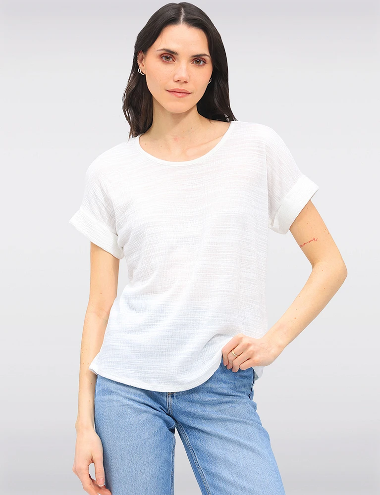 Textured Cuffed Short Sleeve Round Neck Top with Back Button Detail by Ninety