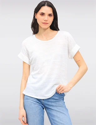 Textured Cuffed Short Sleeve Round Neck Top with Back Button Detail by Ninety