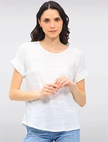Textured Cuffed Short Sleeve Round Neck Top with Back Button Detail by Ninety