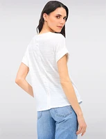 Textured Cuffed Short Sleeve Round Neck Top with Back Button Detail by Ninety