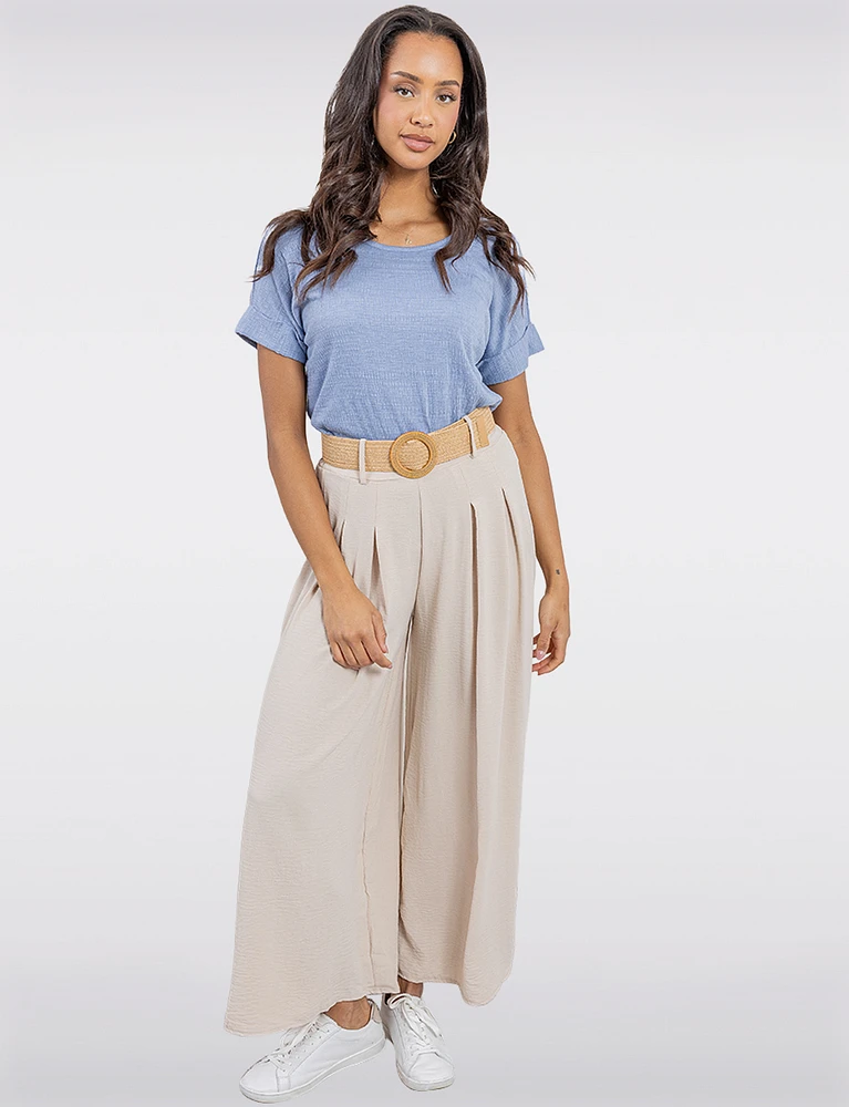 Textured Cuffed Short Sleeve Round Neck Top with Back Button Detail by Ninety