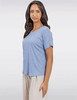 Textured Cuffed Short Sleeve Round Neck Top with Back Button Detail by Ninety