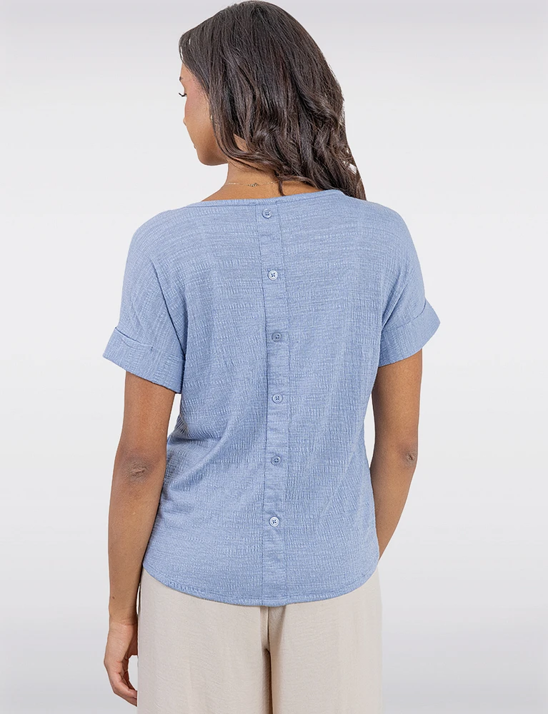 Textured Cuffed Short Sleeve Round Neck Top with Back Button Detail by Ninety