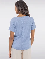 Textured Cuffed Short Sleeve Round Neck Top with Back Button Detail by Ninety