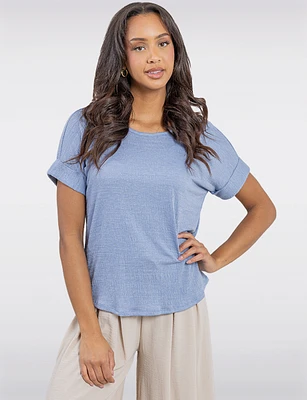 Textured Cuffed Short Sleeve Round Neck Top with Back Button Detail by Ninety