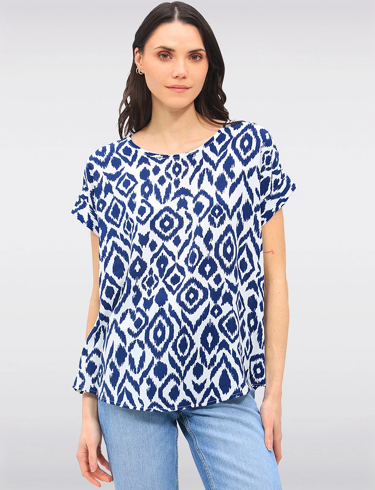 Flowy Abstract Printed Top With Cap Sleeves & Fold-Over Cuffs by Ninety
