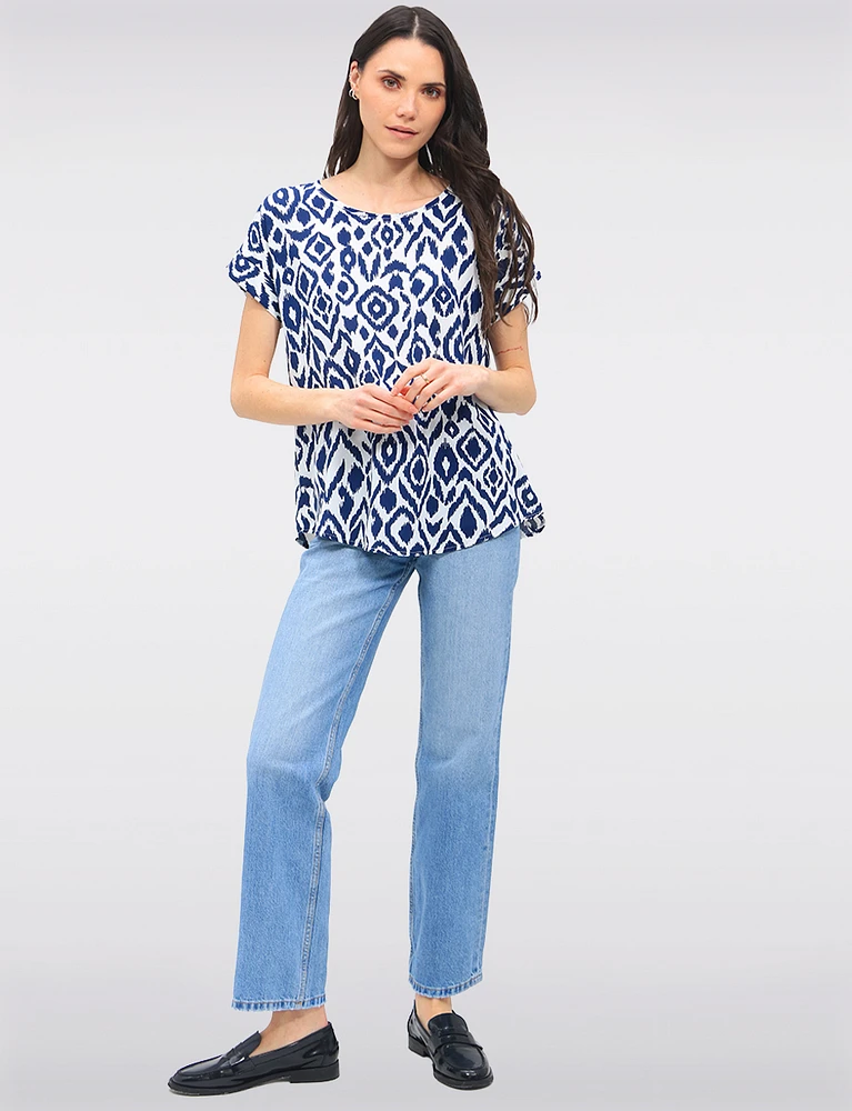 Flowy Abstract Printed Top With Cap Sleeves & Fold-Over Cuffs by Ninety