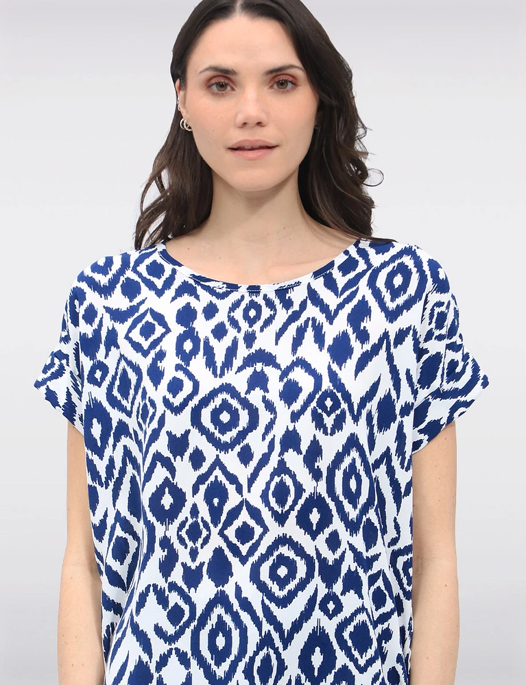 Flowy Abstract Printed Top With Cap Sleeves & Fold-Over Cuffs by Ninety
